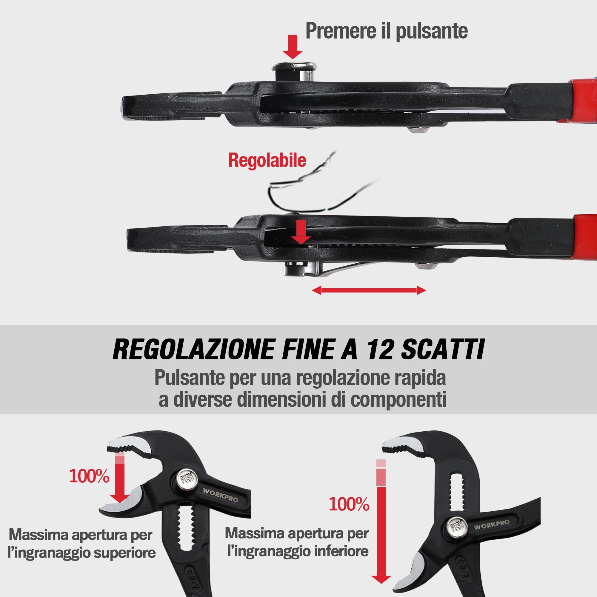 Workpro Set di 2 pinze idrauliche da 180 mm e 250 mm, regolazione rapida, per tubi e pompe dell’acqua, a giunto scorrevole, con ganasce molto ampie e impugnatura antiscivolo