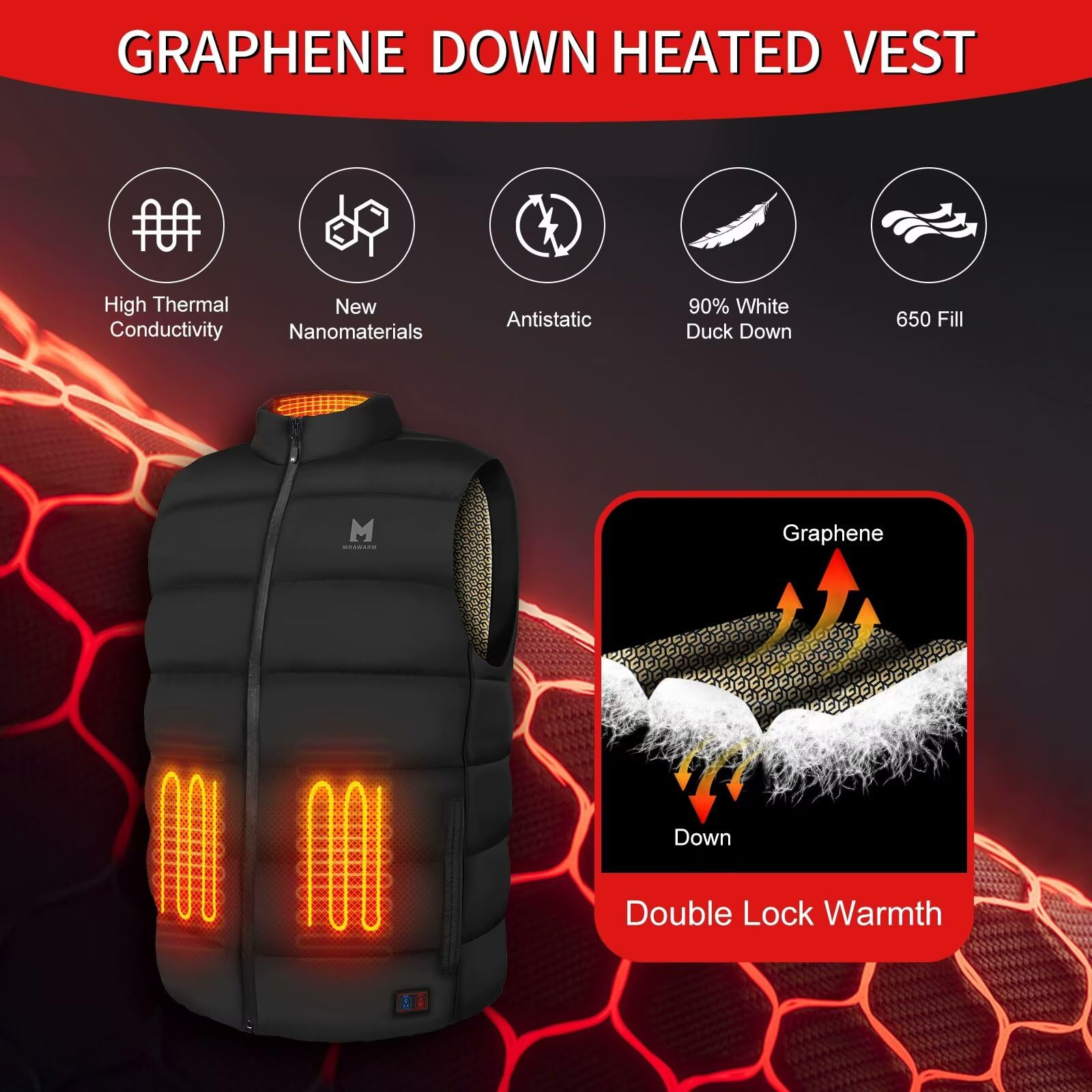 MRAWARM Chaleco calefactable con 90% plumón, 650 relleno ligero chaleco eléctrico calentado de plumón para hombre y mujer, 6 zonas de calentamiento, chaleco térmico de 3 temperaturas