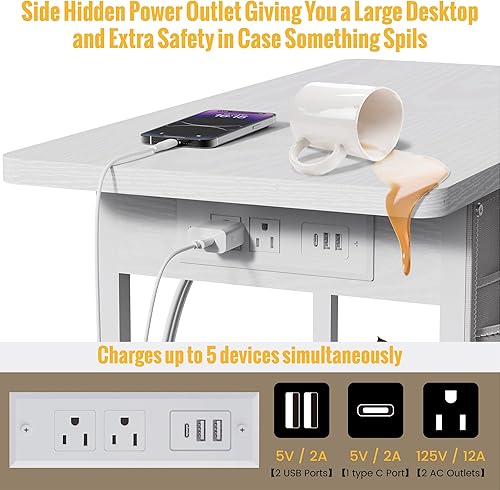 Miniatura 4 de Mesa auxiliar pequeña con estación de carga, mesita de noche estrecha con bolsillo de almacenamiento para sala de estar, dormitorio, mesa auxiliar