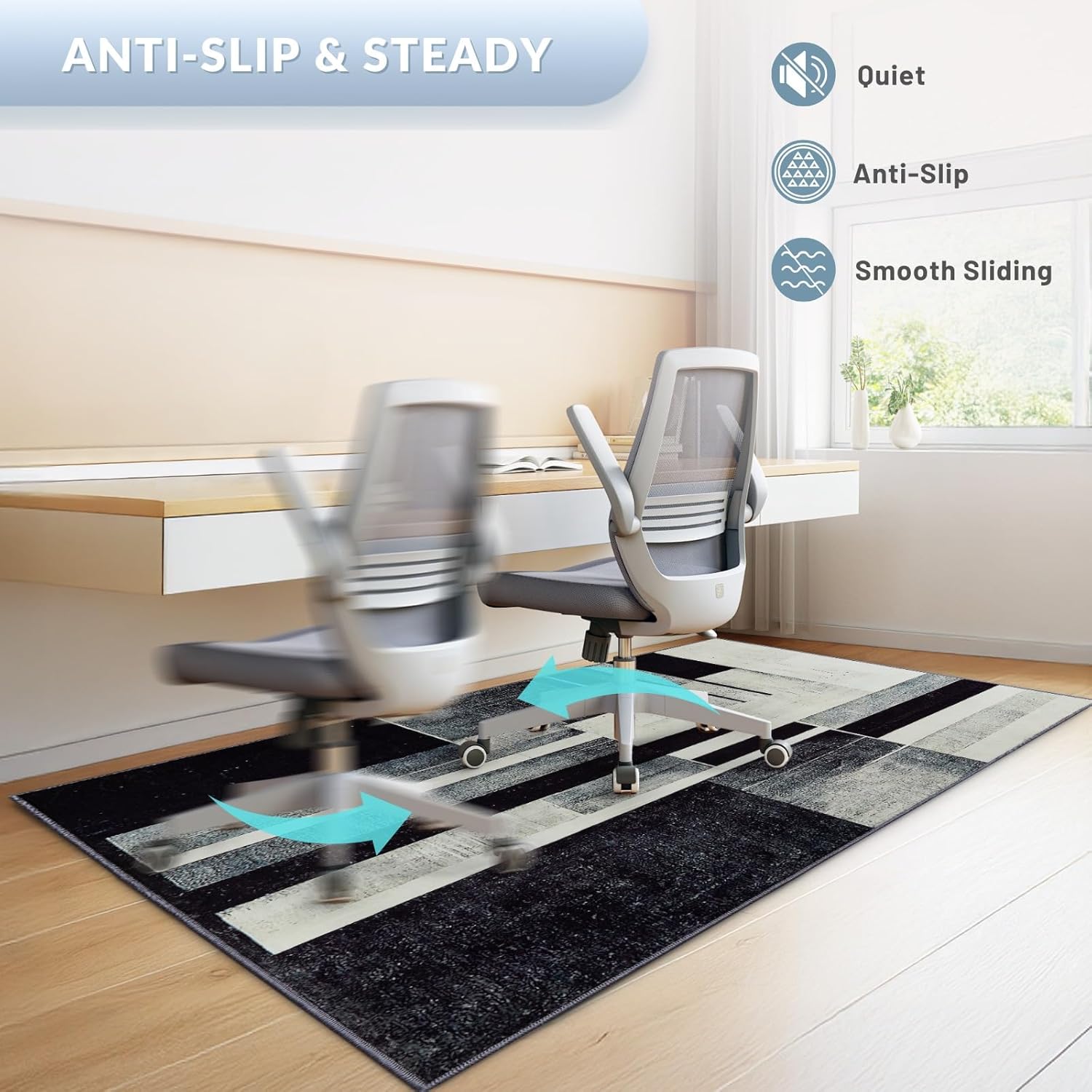 Office Chair Mat, Gsmmatwin 48" x 60" (4mm) Black and White Modern Chair Mat, Anti-Slip Under Desk Chair Carpet for Hardwood Floor, Foldable and Machine Washable Under Desk Rug for Office Home