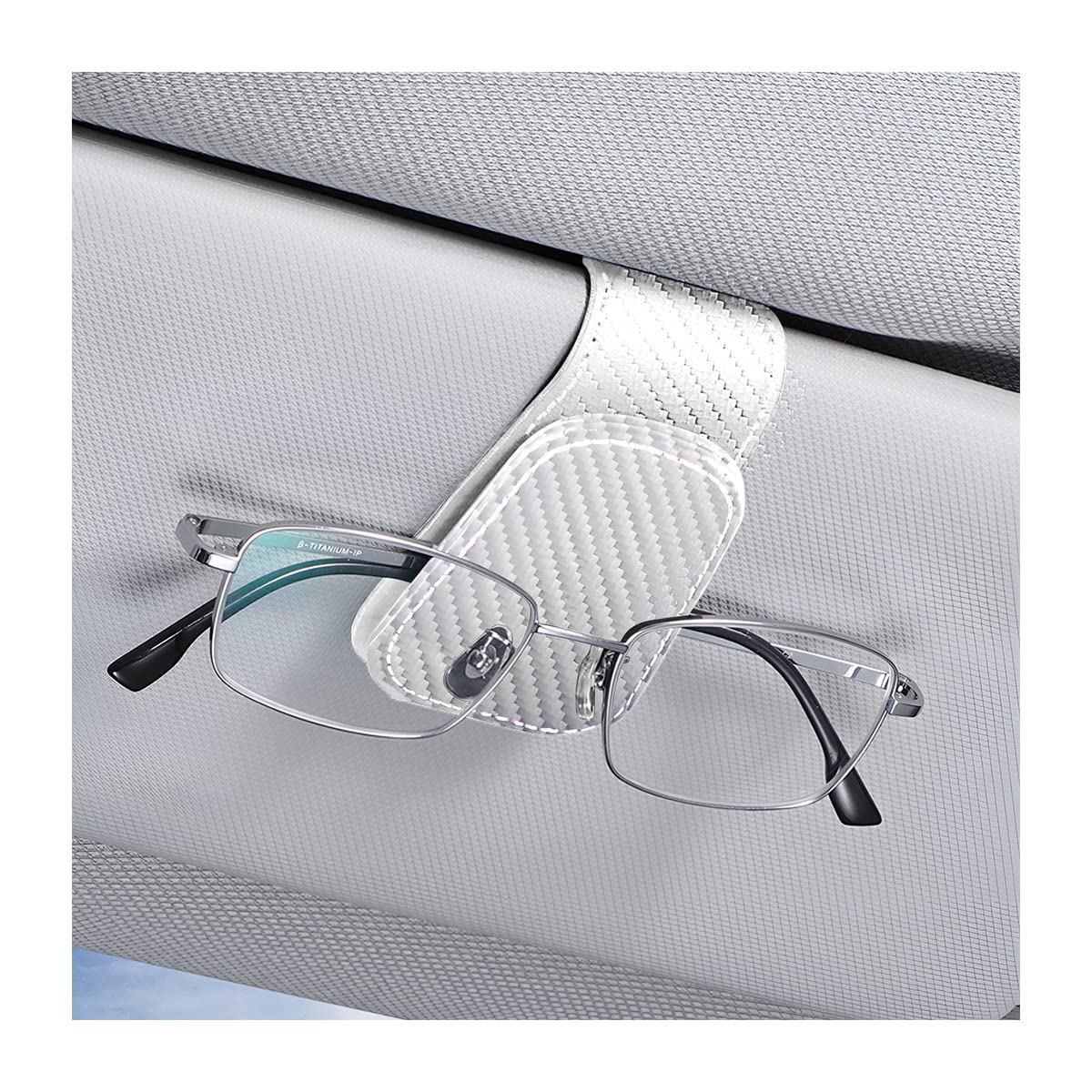AICEL Sunglasses Holders for Car Sun Visor, Leather Eyeglasses Hanger Mounter, Magnetic Glasses Holder and Ticket Card Clip, Auto Interior Accessories Universal for SUV Pickup Truck (White)