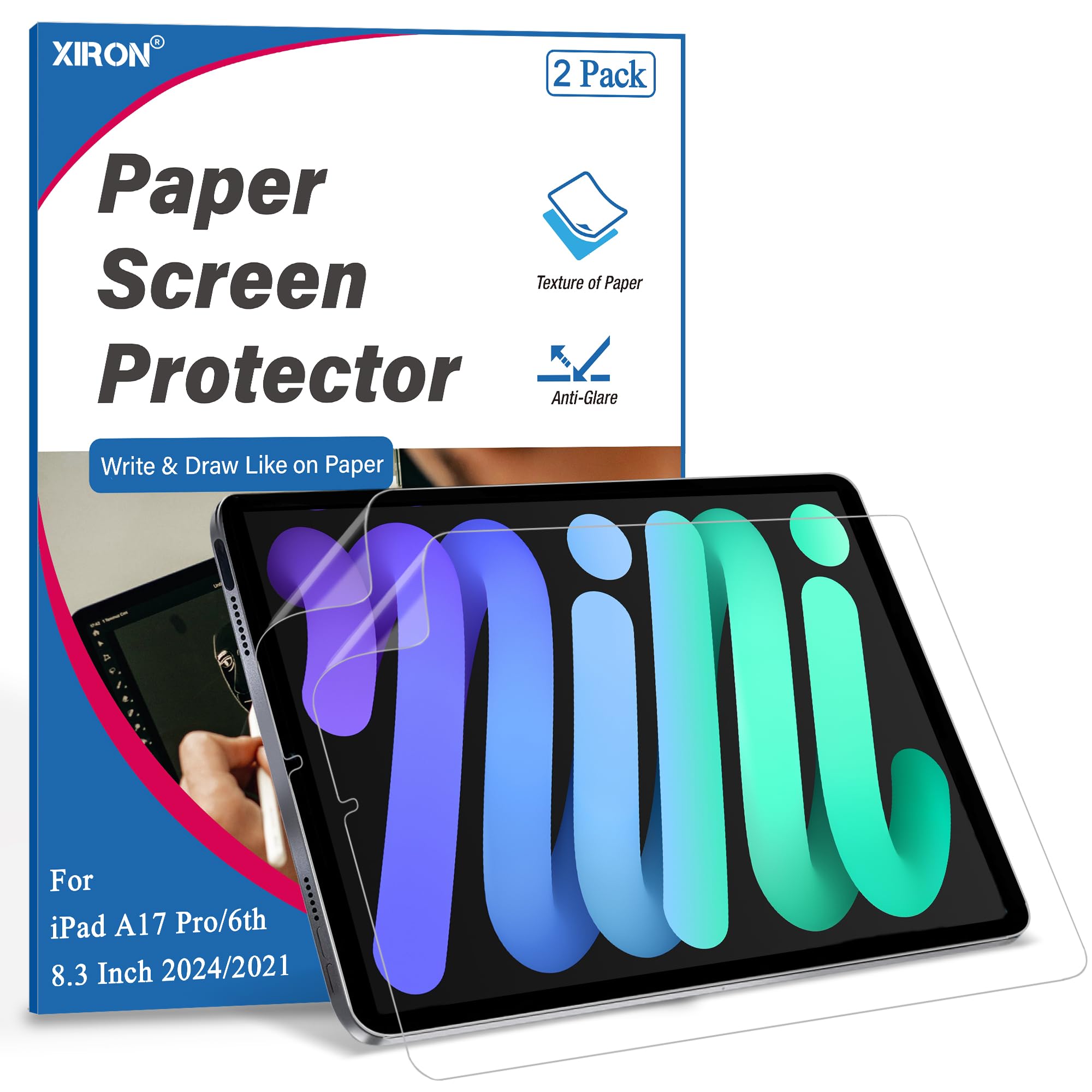 XIRON 2 Stück Paperfeel Schutzfolie für iPad mini 6 2021 & A17 Pro 8,3 Zoll, Papier Folie Blendfreiem zum Zeichnen, Anti Fingerabdruck Matte PET Papierfolie Displayschutz Schreibe wie auf Papier