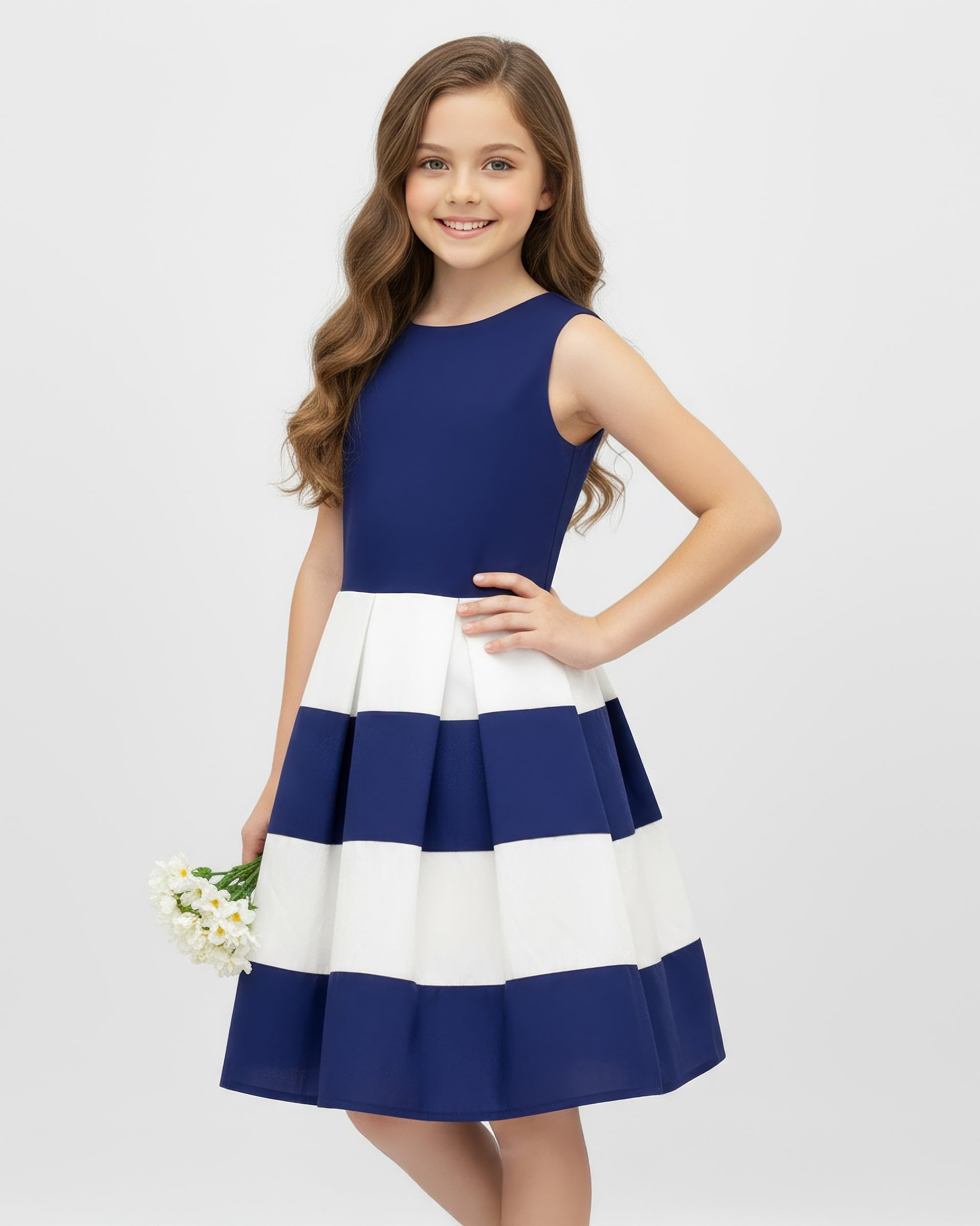 BlackButterfly Vestito Bambina Lilly a Righe | Gonna a Pieghe, Bicolore, Senza Maniche, Scollo Tondo, Foderato, Zip Dietro, 3-14 Anni