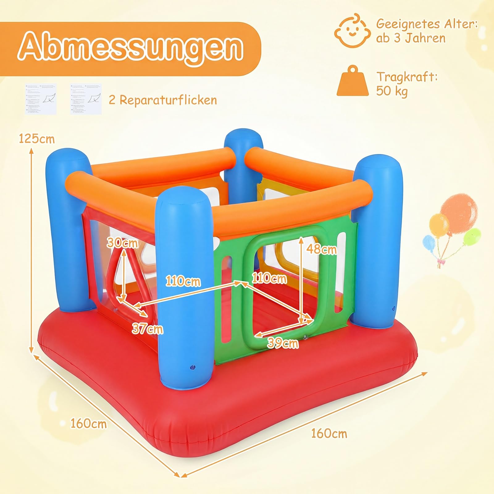 COSTWAY Hüpfburg, Bouncy Castle mit 4 Türen für Kinder, 160 x 160 x 125 cm (Rot + Blau)