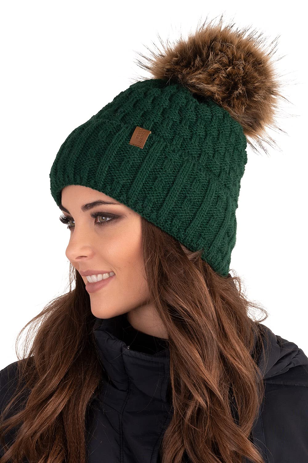 VIVISENCE Femme Bonnet pour L'automne Et l'hiver Doux avec Pompon en Fausse Fourrure Fil Chaleureux Ajustement Parfait Doublure Polaire pour l'hiver Ski Et Activités Extérieures 7015