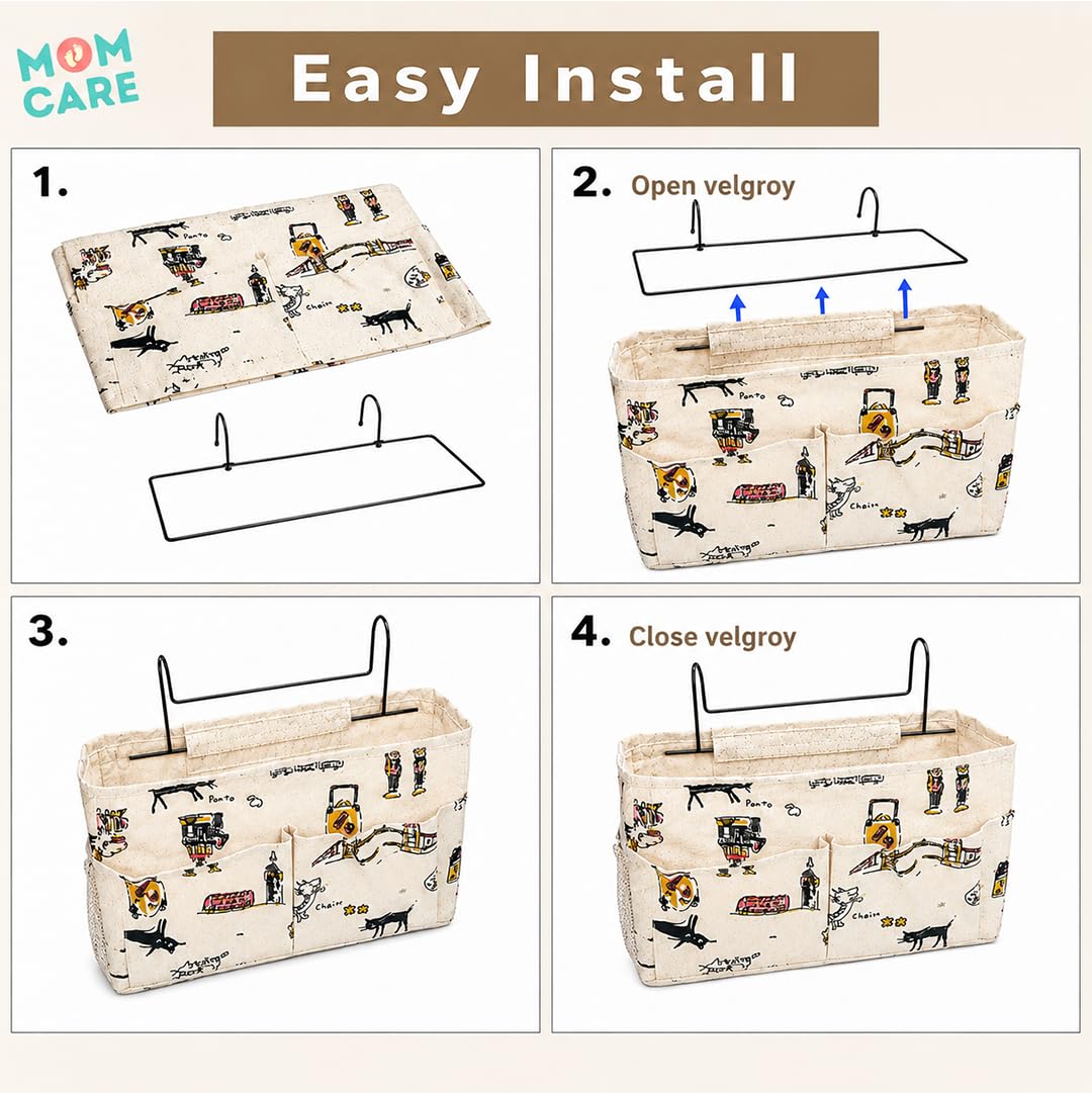 MOM CARE Hanging Cot Diaper Storage Bag Bedside Organizer Canvas Caddy Large Capacity Bed Rail Pocket With Wire Hooks For Nursery Books Toys Diapers Marine Anchor Print Cream Color 2