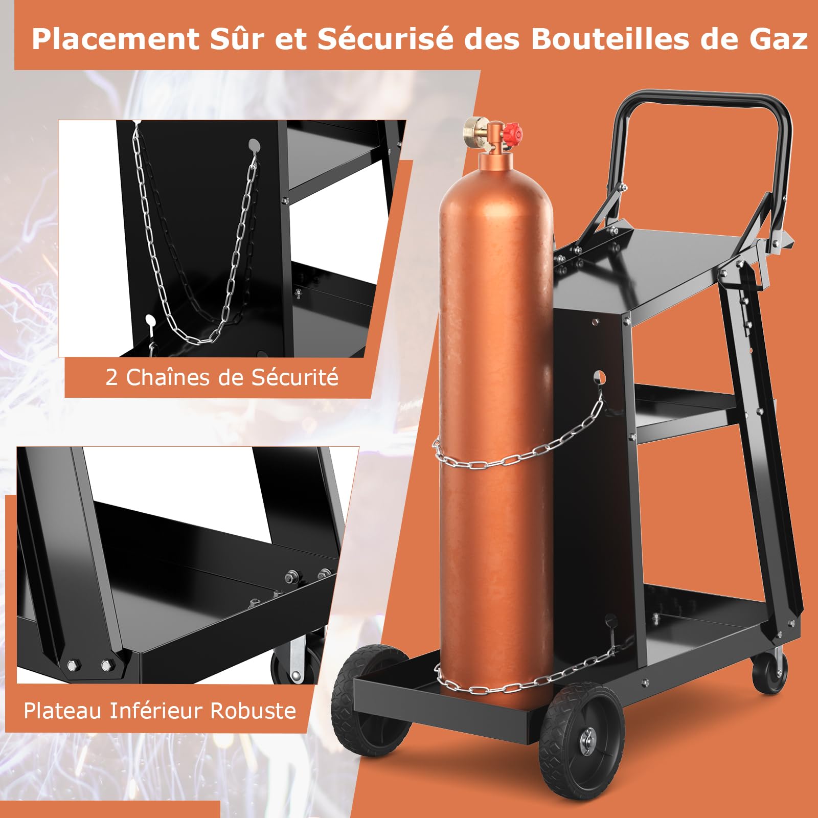 GOPLUS Servante d’Atelier à 3 Niveaux avec 2 Chaîne de Sécurité, Roue Pivotante 360°, Chariot de Soudage Robuste avec 2 Crochets Latéraux, Charge de 50 kg, pour Machine de Soudure et Découpeur Plasma