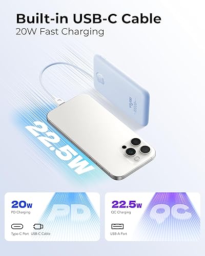 Miniatura 3 de Banco de energía delgado de 10000 mAh, cargador portátil de viaje con cable USB-C integrado y pantalla LED, batería de carga rápida de 22.5 W,