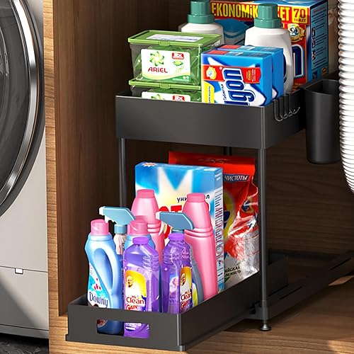 NYYTGE Under Sink Organizer Bathroom Cabinet Storage 2 Tier Rack with 4 Hooks, Baskets, Multi-purpose Shelf for Kitchen, Black Bottom Slide