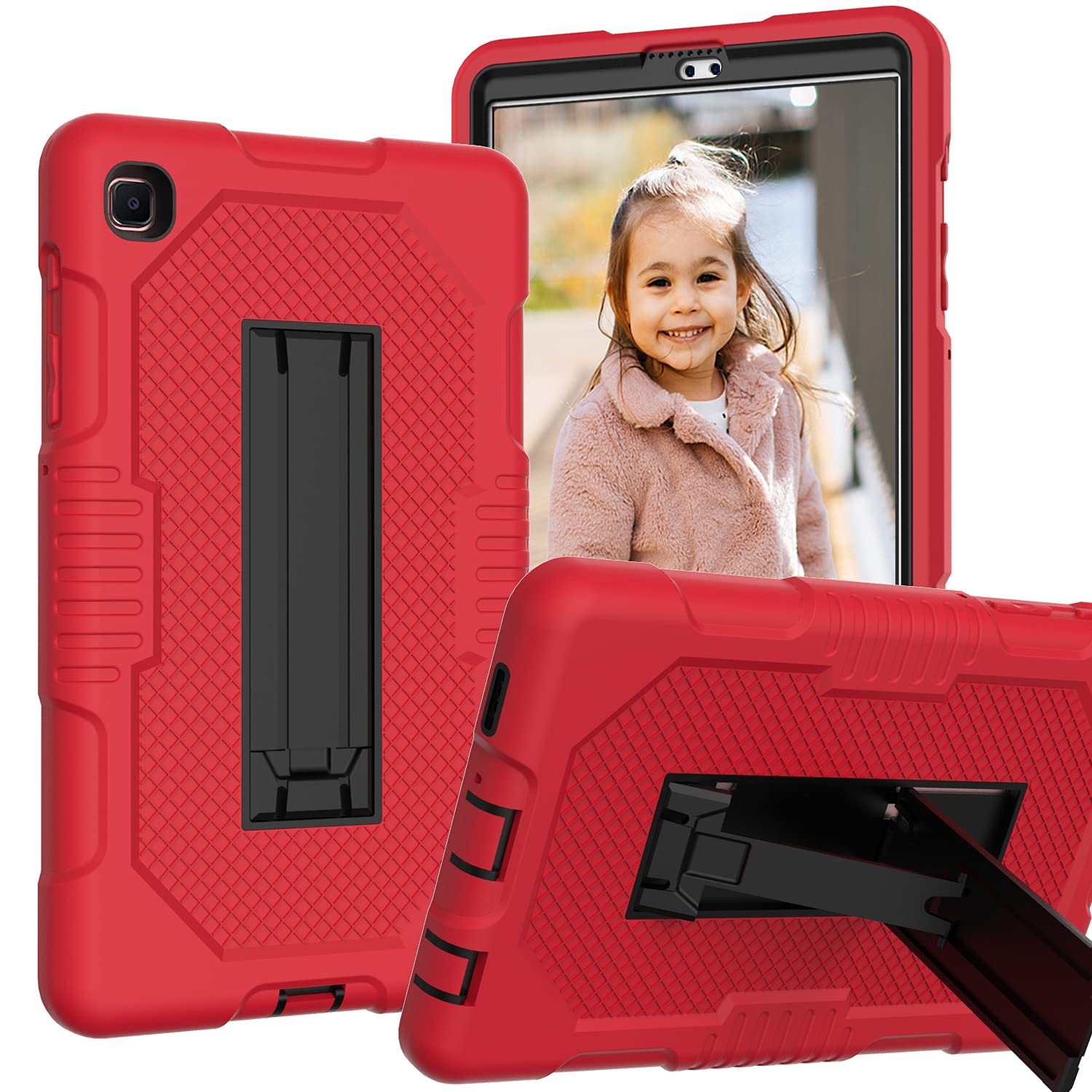 HBS Case Compatible with Samsung Galaxy Tab A7 Lite 8.7 Tablet 2021 T220/T225,Resistant shockproof protection Silicone + PC 3-In-1 / Tough Armor/Support-RED+BLACK