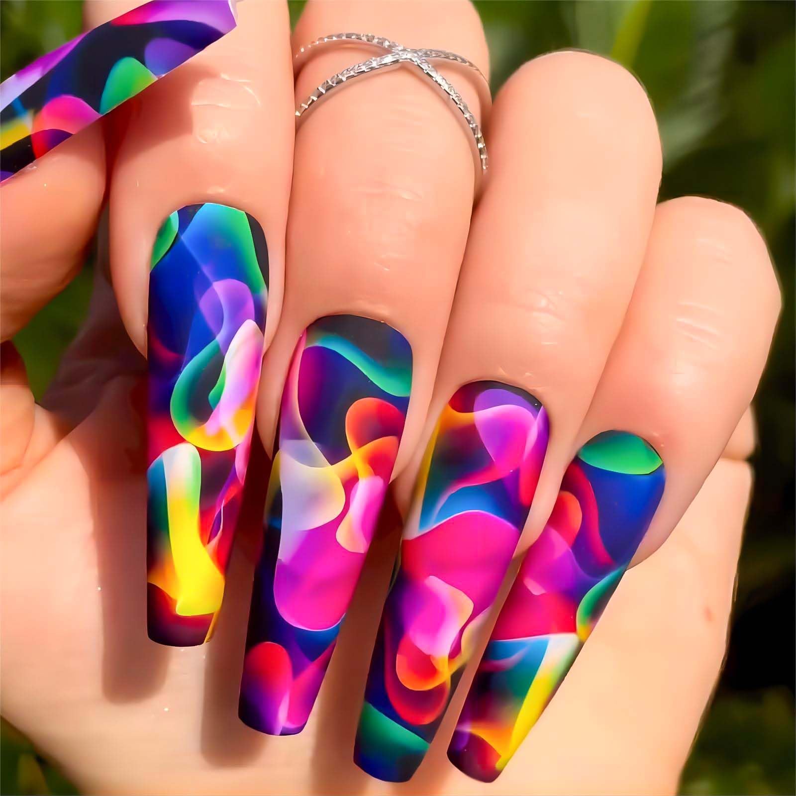Acrylic Press on Nails Long Coffin Fake Nails with Nails Glue Long Ballet False Nails with Water Ripple Rainbow Designs Colorful Full Cover Artificial Nails Press Ons Stick on Nails 24Pcs