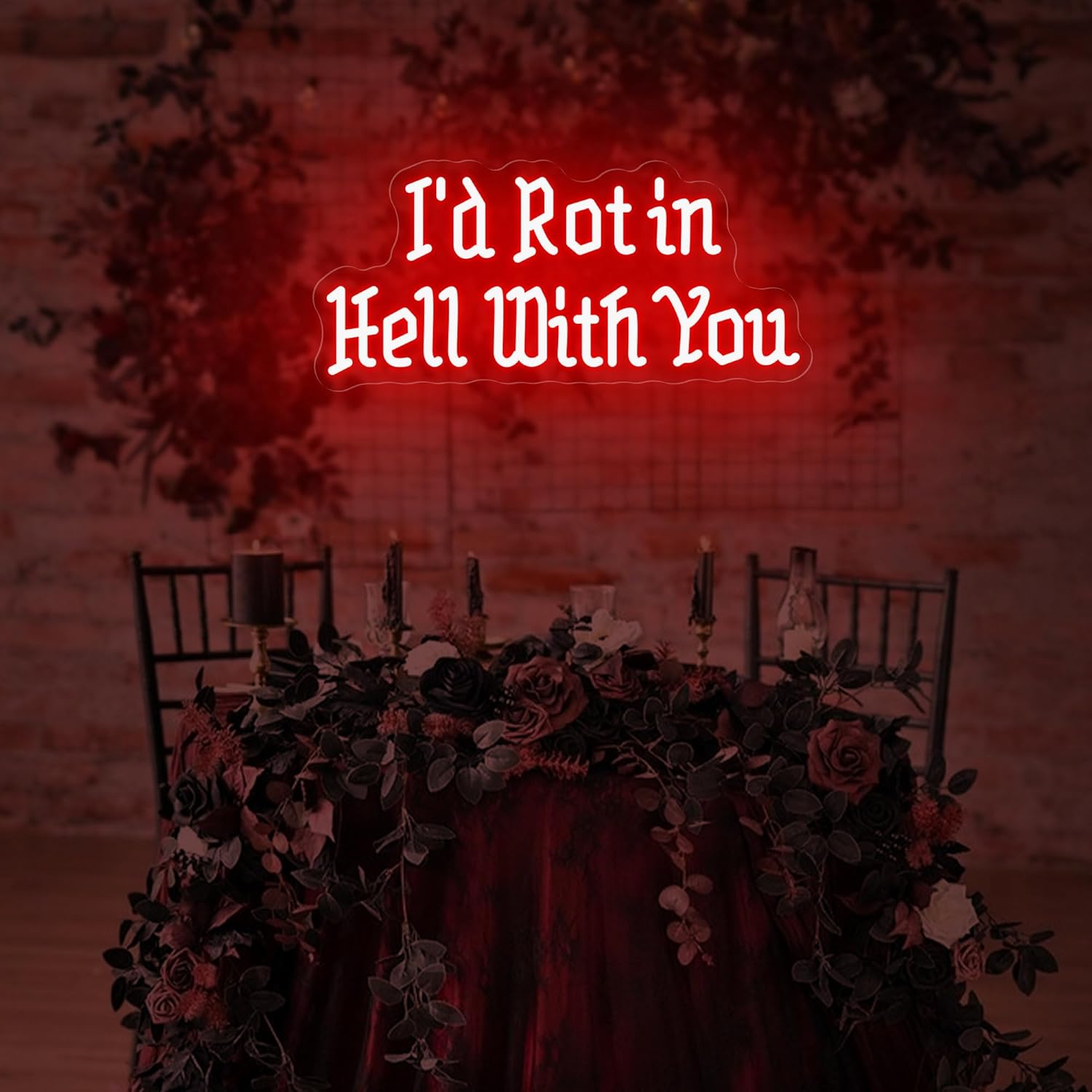 I’d Rot in Hell with You Neon Sign, Amigo the Devil Wedding Neon Sign, Gothic Home Decor, Unique Couple’s Neon Light for Weddings, Anniversary, and Dark-Themed Rooms 22.8"×10.4"