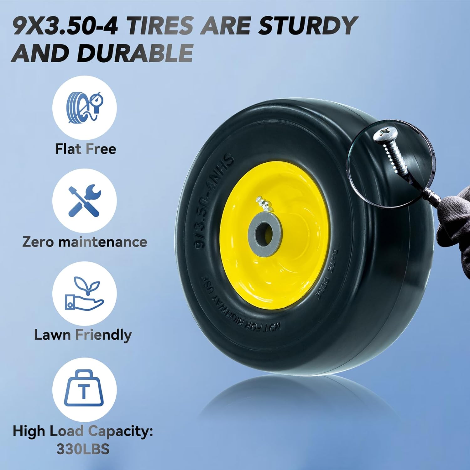 9x3.50-4 Flat-Free Lawn Mower Tire, Heavy-Duty PU Solid Tires with 3.5"-4" Centered Hub, 3/4" and 5/8" Axle Bore, 9" Solid Rubber Tire for Zero-Turn Mowers, Garden Carts, Yellow, 2pcs