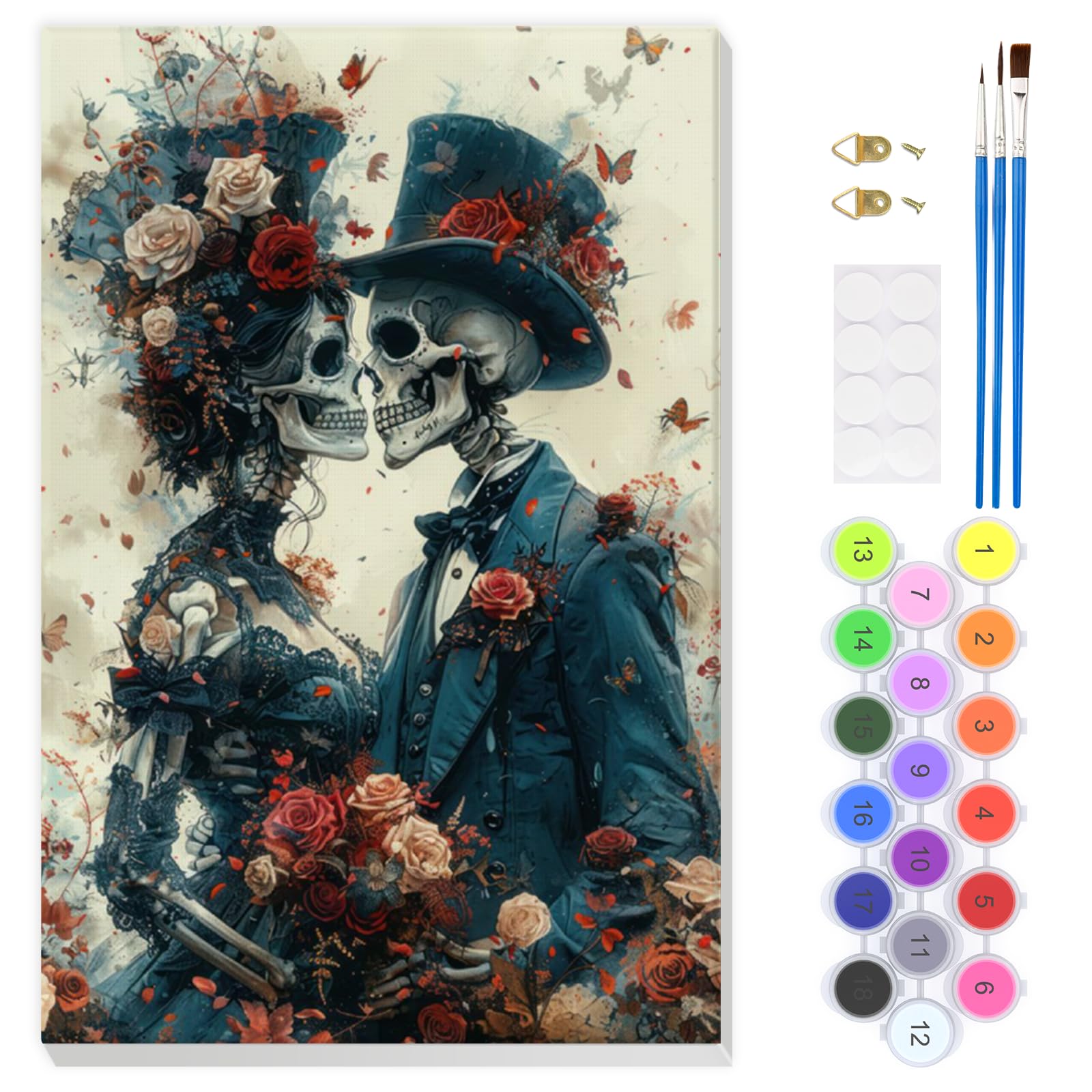 EOBROMD Gothic Skeleton Couple Paint by Numbers for Adults with Frame, Flowers Paint by Numbers Kits, DIY Color Oil Painting Acrylic Easy Painting by Numbers for Gift Home Wall Decor (8x12inch)