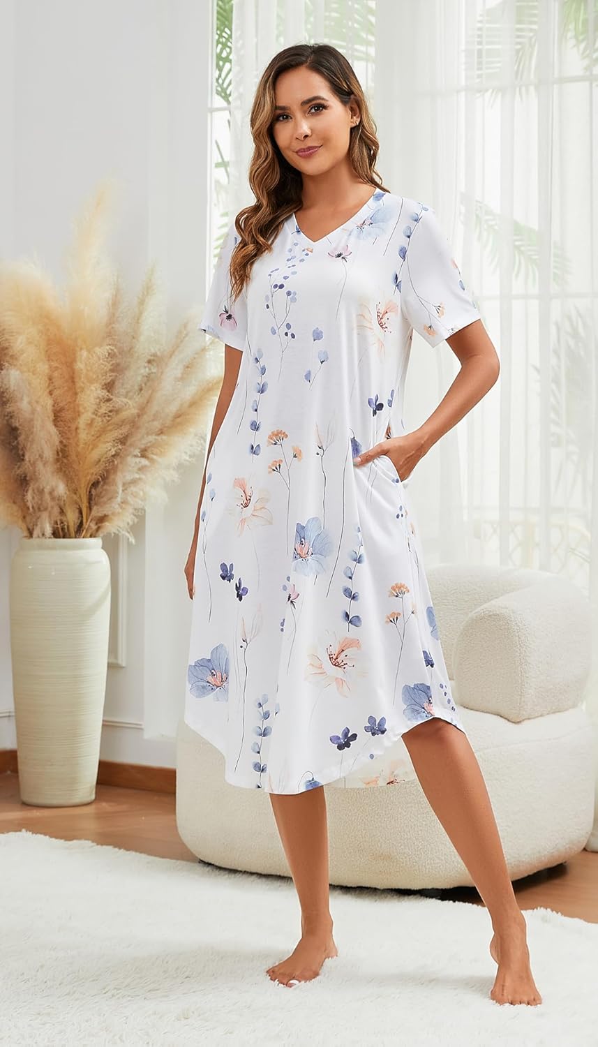 Nightgowns for Women Cotton Short Sleeve Long Night Gowns with Pockets - Image 4