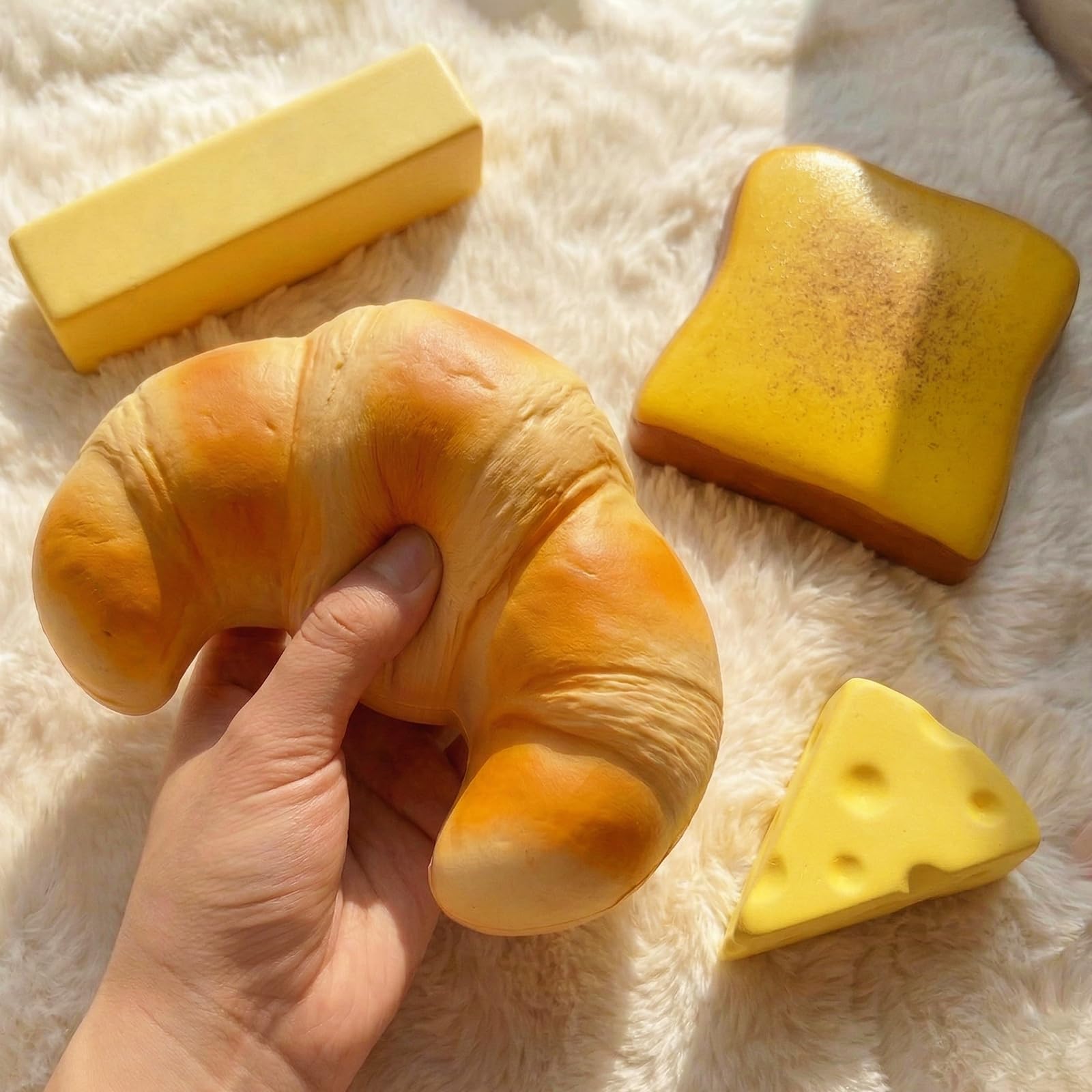 Slow Rising Squishy Toys, 4-Pack Food-Themed Squeeze Fidget Toys, Soft Butter, Croissant, Cheese, Toast Stress Relief Toys for Adults, Sensory Squeeze Toys, Gift for Birthday Party Favors