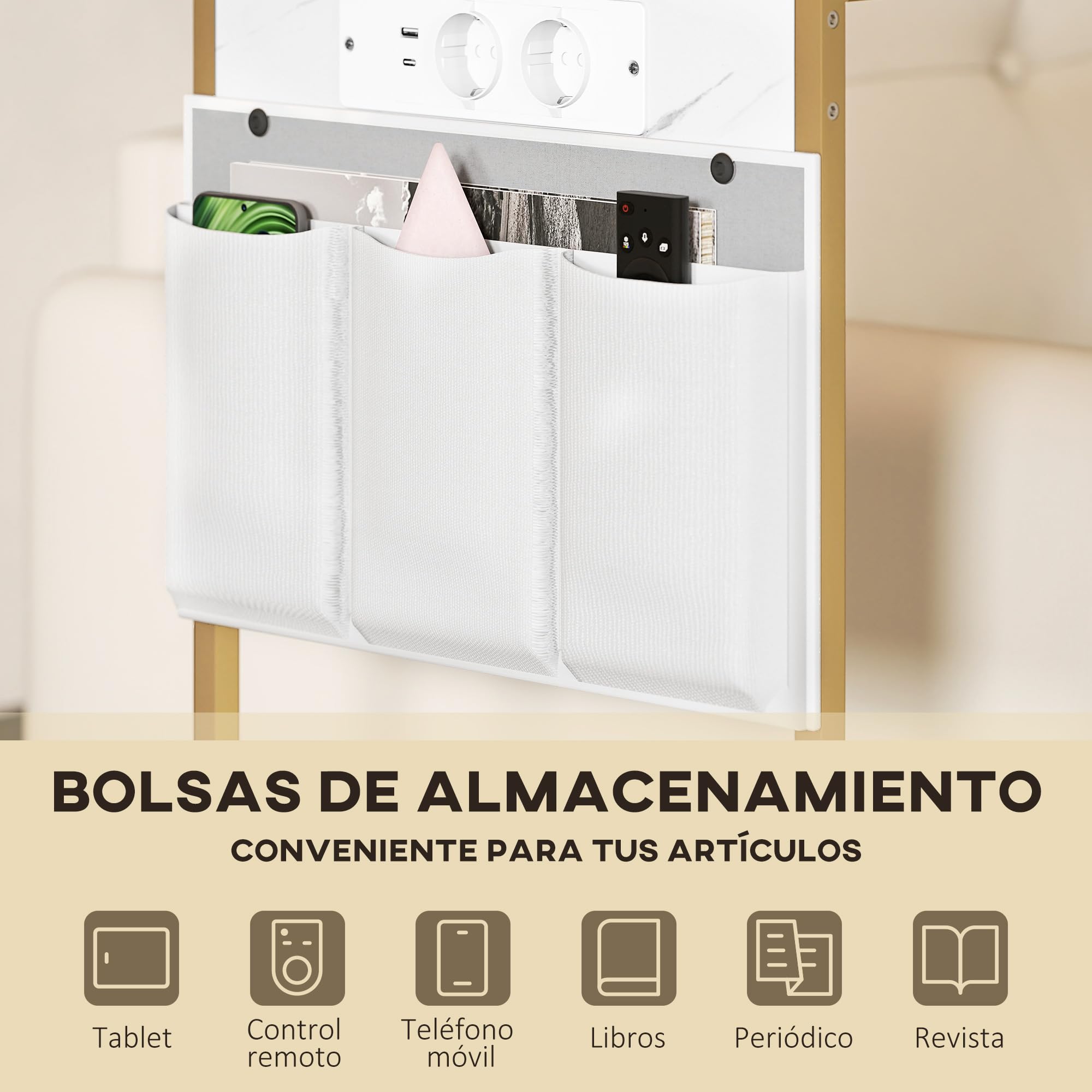 HOMCOM Mesa Auxiliar con Estación de Carga Mesa para Sofá con 2 Puertos USB 1 Puerto USB-C y Bolsillo Organizador Mesita Auxiliar para Salón Dormitorio Blanco