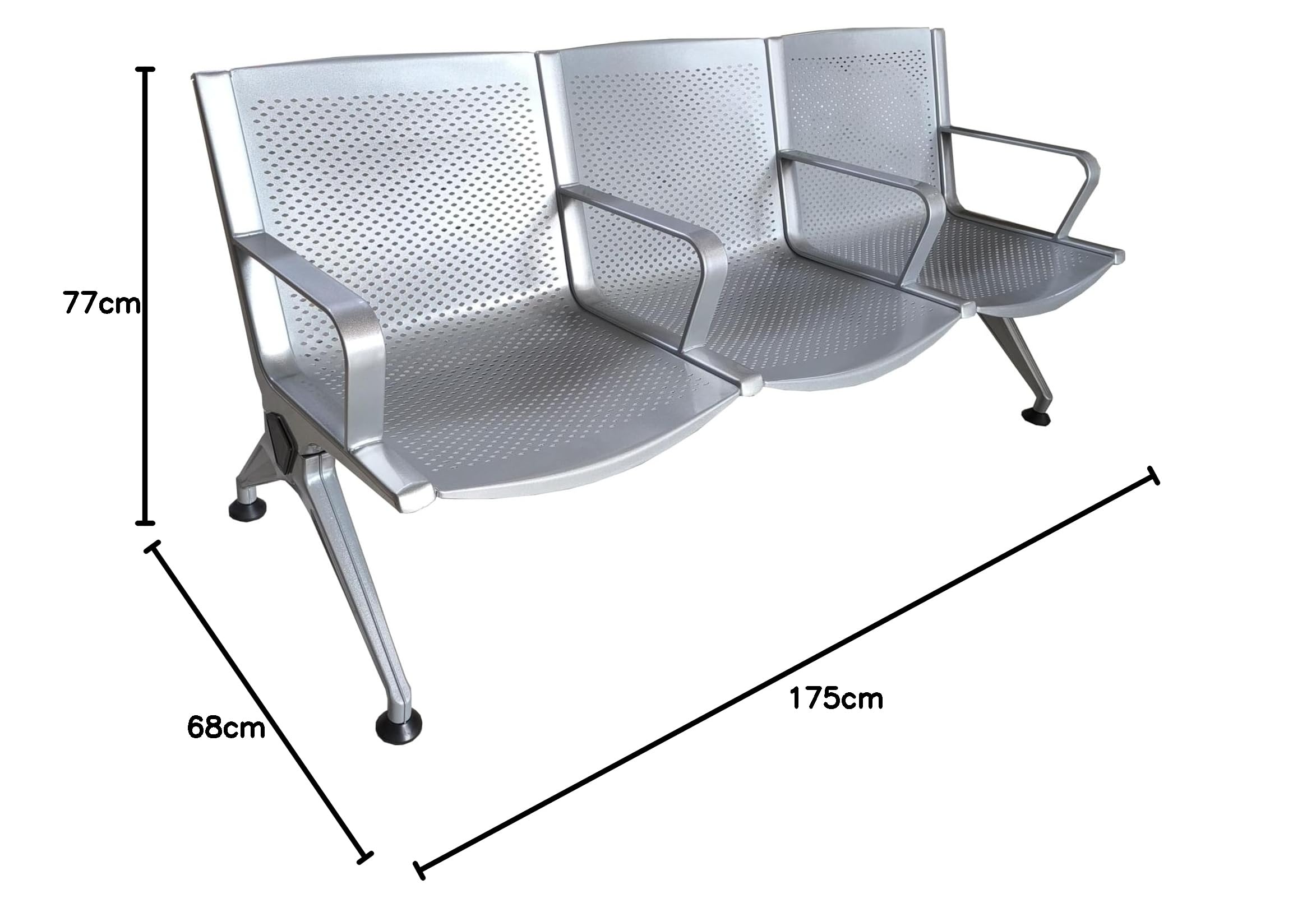 Panca in Metallo per Sala d'Attesa 3 Posti, Sedute Ufficio in Acciaio Verniciato Grigio con Lamiera Traforata Sagomata, Design Elegante e Moderno per Studio Professionale, 175x68x77 cm