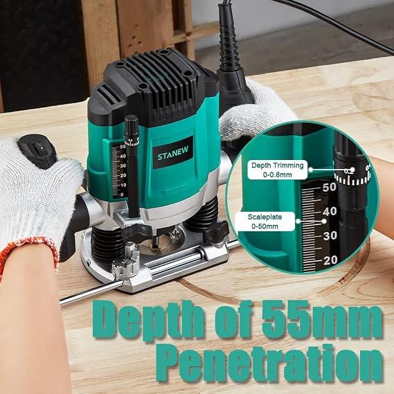 STANEW Router 1200 W 16000-30000 RPM,Professional Vertical Fresatrice with Set of 12 Cutters, 6 Speeds, Routing Depth Adjustment.