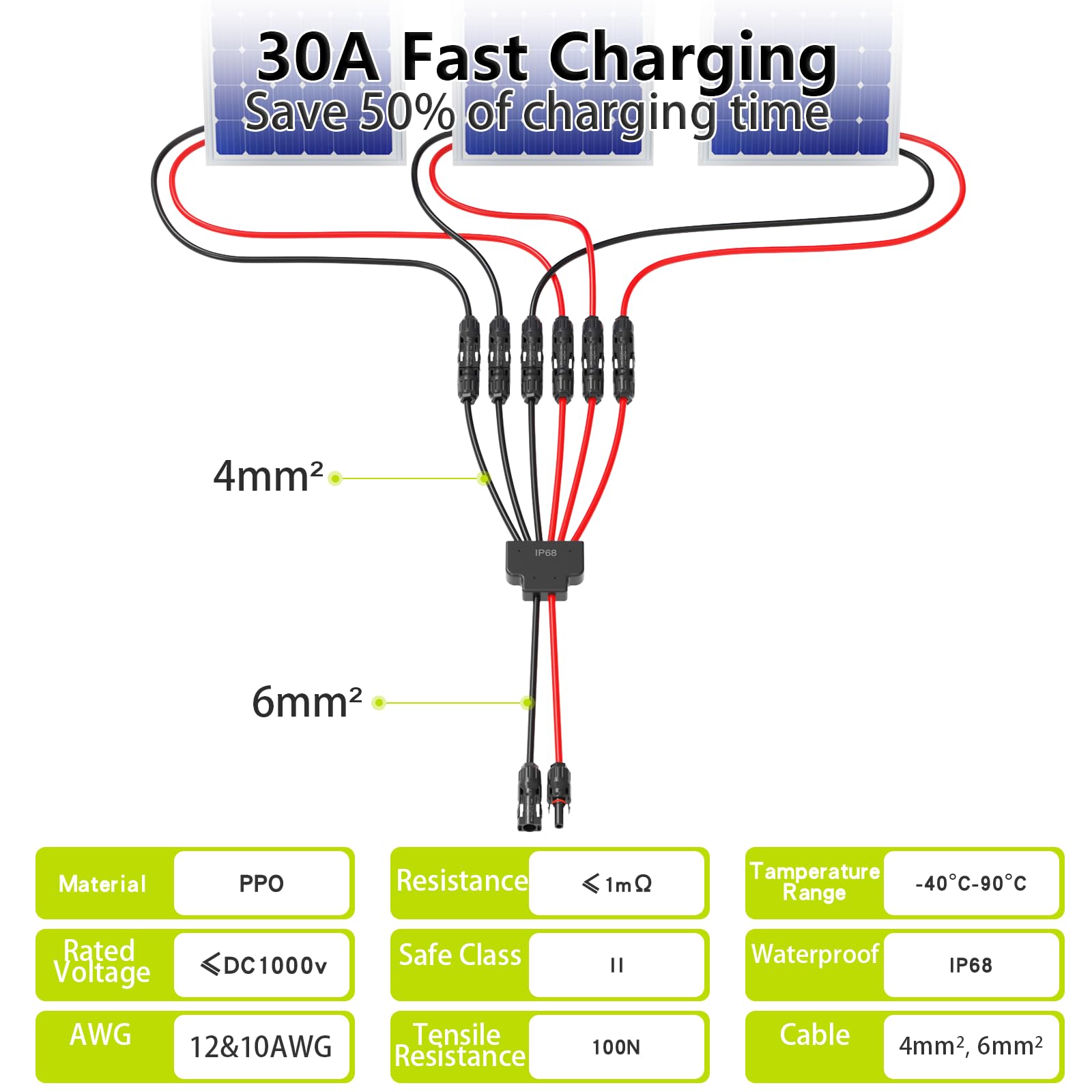 Cable de conector solar, conectores paralelos de rama en Y, 30 A, 1000 V, 10 AWG, 2 a 6 divisores, conectores de panel solar, cable de extensión, kit de cables para panel solar (MF/MMMFFF)