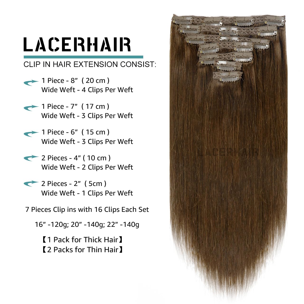 Lacer Hair Extensions Clip In Real Human Hair Extensions 140g 7 Pieces Silky Straight Weft Remy Human Hair Clip in Hair Extensions Chocolate Brown #4 20 Inch