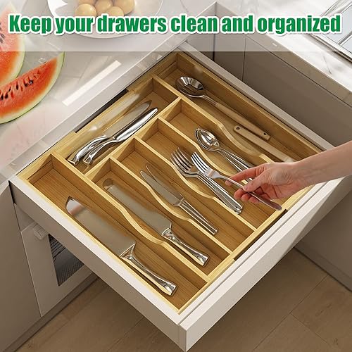 Miniatura 2 de BAMBUROBA Divisores de cajones bandeja de cubiertos expandible de madera de bambú ajustable 4 compartimentos organizador de cubiertos de cocina