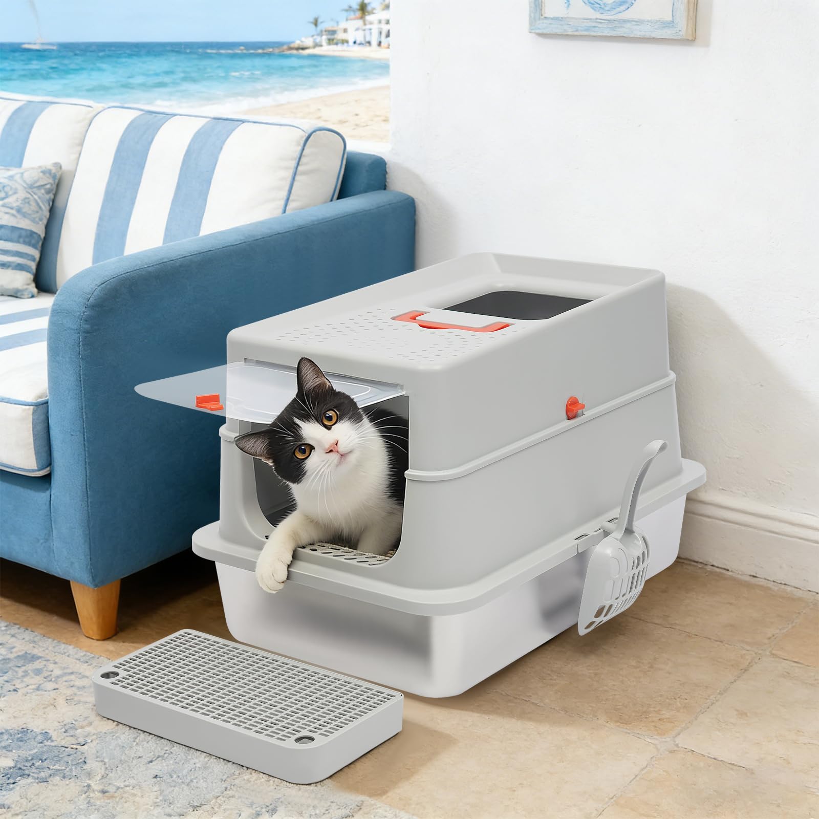 Lettiera da viaggio per gatti con coperchio, design 2 in 1 | Lettiera per gatti in acciaio inox con manico portatile, pedale paraspruzzi e paletta, lettiera portatile per gatti di grandi