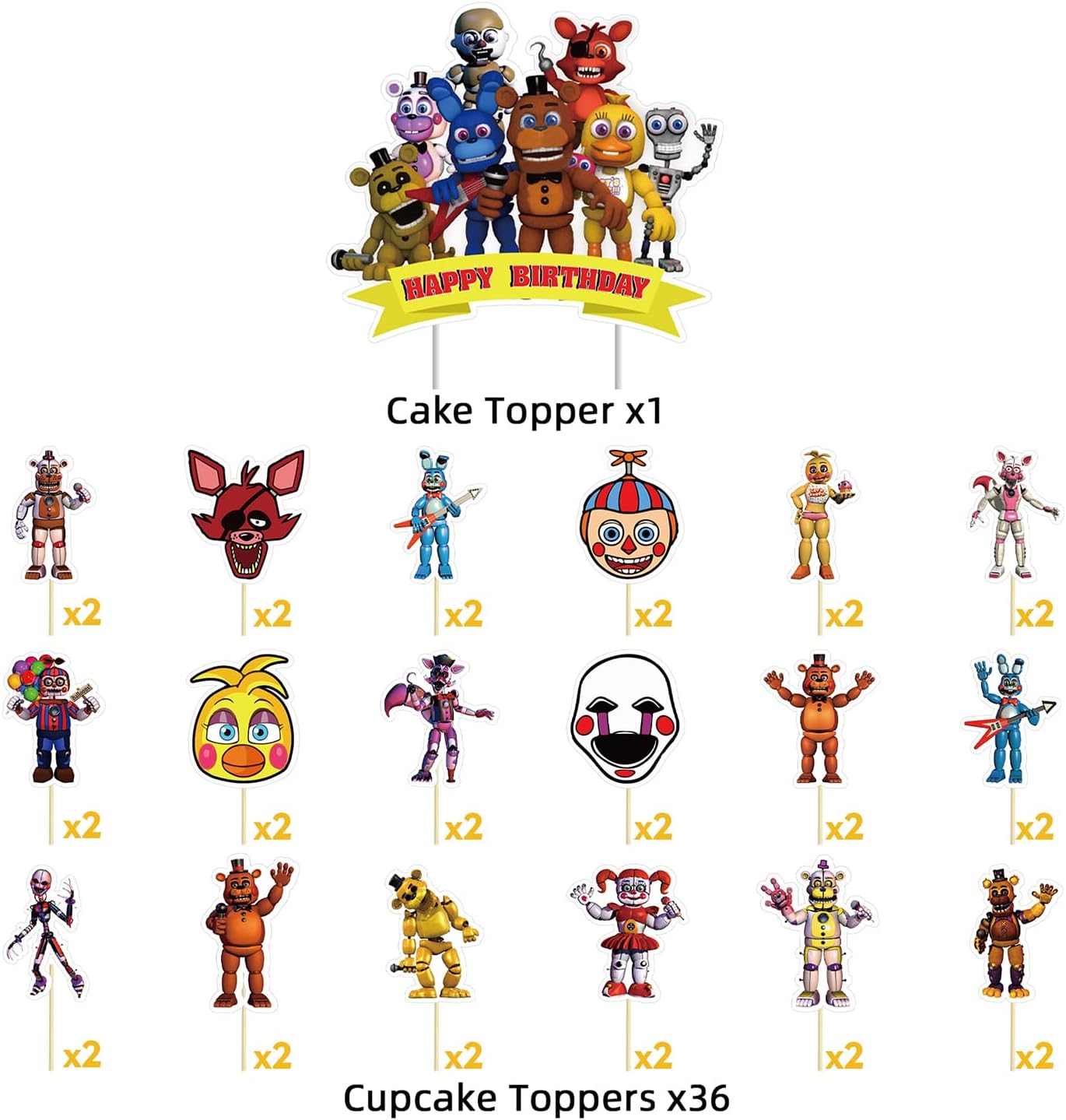 Genshii 37pcs 5 Nights cake decoration set include 1pc big cake topper 36pcs cupcake toppers for Freddy's Theme birthday party decor (FNAF)