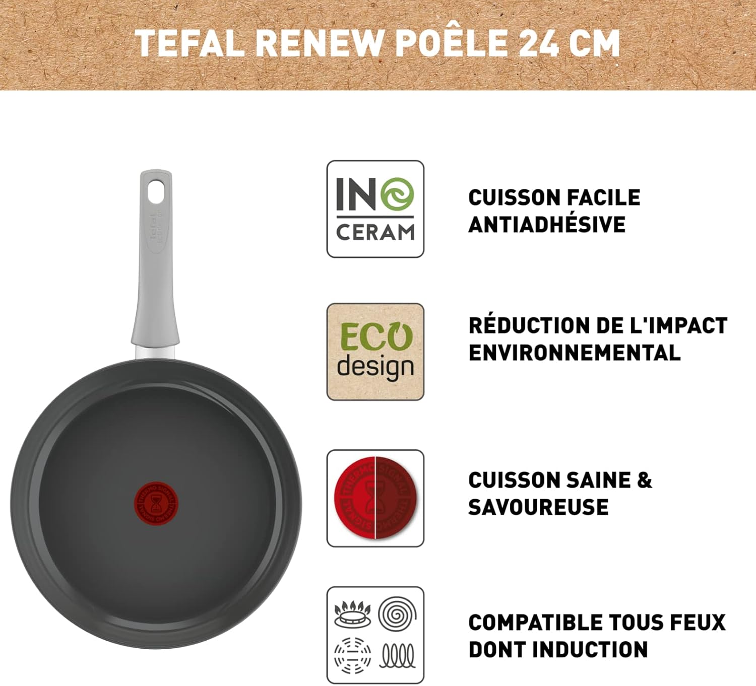 Tefal Renew On, Ceramic Non-Stick Recycled Aluminium Induction Frying pan 24 cm.