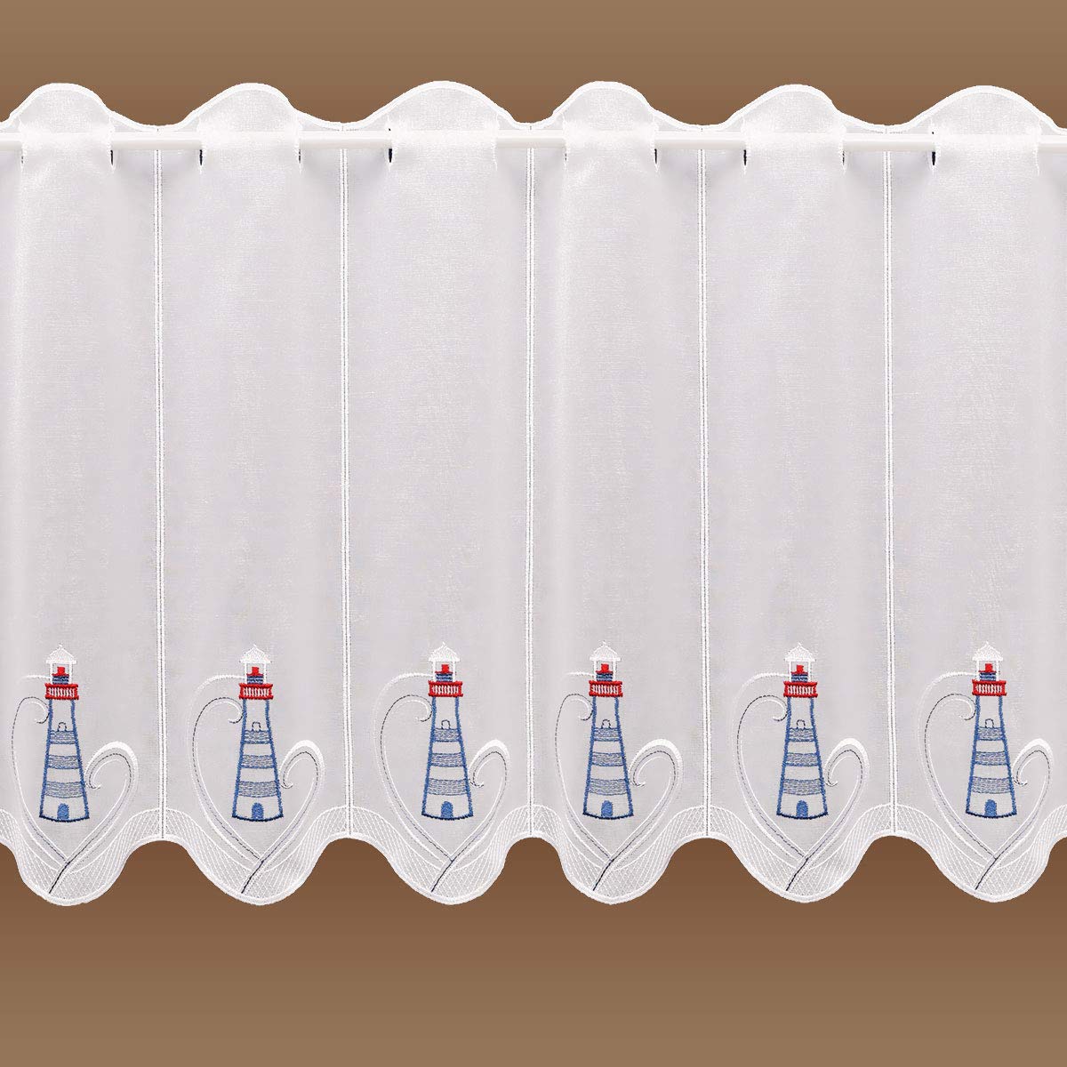 Maritime Scheibengardine Leuchturm mit Urlaubsmotiv Echte Vogtländischer Spitze Badgardine 30 x 160 cm