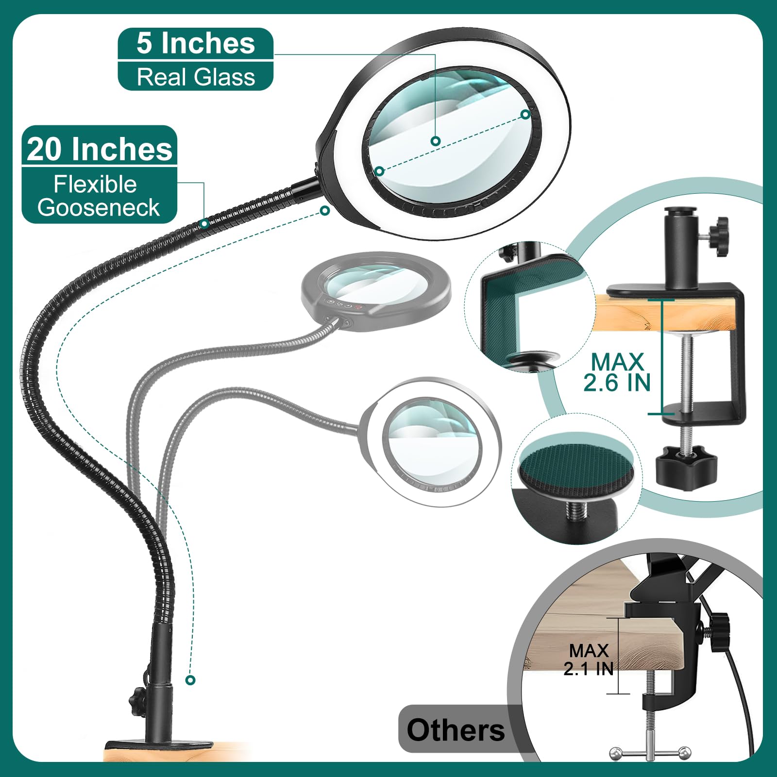 IVMAIE 10-fache Lupe mit Licht und Klemme, große Schwanenhals-Lupe, Schreibtischlampe mit Ständer, 5 Farbmodi, dimmbar, beleuchtete Lupe, freihändig zum Basteln, Malen, Schmuck, Nähen, Arbeiten