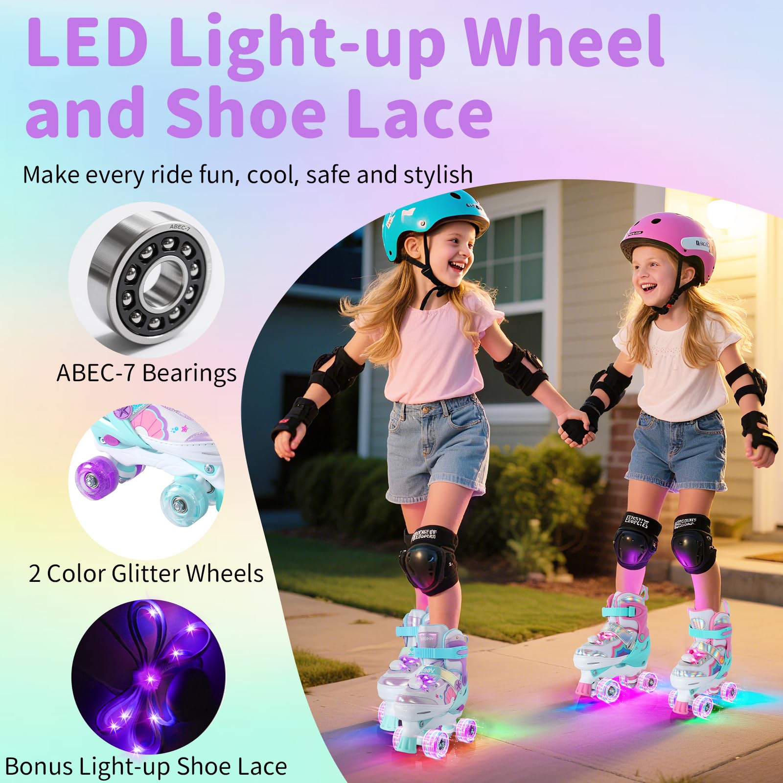BELEEV Patins à roulettes 4 Taille Réglable, Skate Enfants avec 8 Roues LED Lumineuses et Lacets, Sûrs Amusants, Cadeau d'anniversaire et de Noël pour Adolescents Débutants Filles Garçons - Purple L