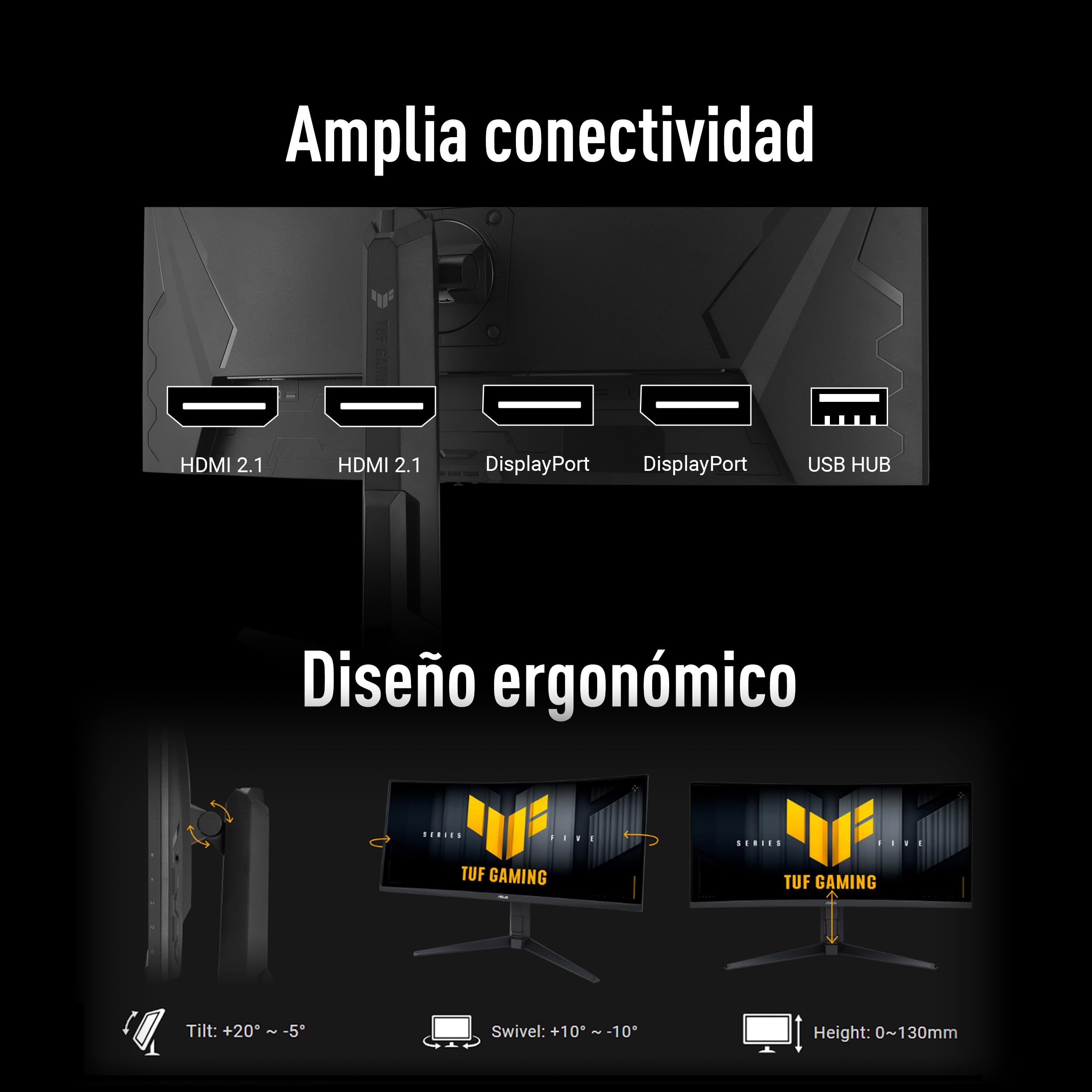 ASUS TUF Gaming VG34WQML5A - Monitor con Panel Fast VA WQHD de 34 Pulgadas, diseño Curvo, 250 Hz, 0,5 ms, AMD FreeSync Premium, ELMB, VESA DisplayHDR 400, 95% DCI-P3, DisplayWidget Center, Gaming AI