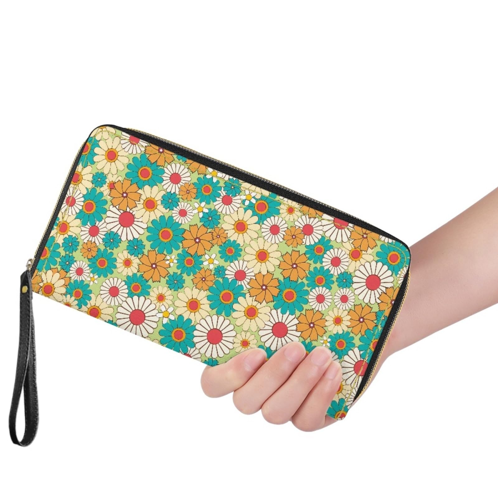 Portafoglio Donna Portamonete Porta Carte di Credito Donna Uomo Wallet | Portafogli con Zip e Cinturino da Polso Leggero Durabile Portatile,Impermeabile Cuoio,Fiore Arancione Verde 11x20cm/2 Unità