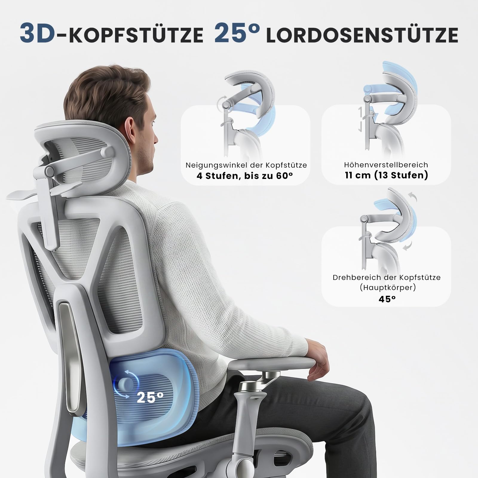 Ergonomischer Bürostuhl mit 6D Armlehnen Lordosenstütze für Homeoffice Grau
