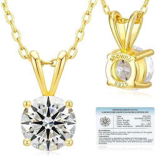 shownii Diamond Necklace Certified LAB GROWN Round Diamond Solitaire Necklaces for Women 0.25 to 1 CT 14K Gold Plated Sterling Silver 4 Prong Solitaire Pendant Jewelry (I-J Color, SI1-VS2 Clarity)
