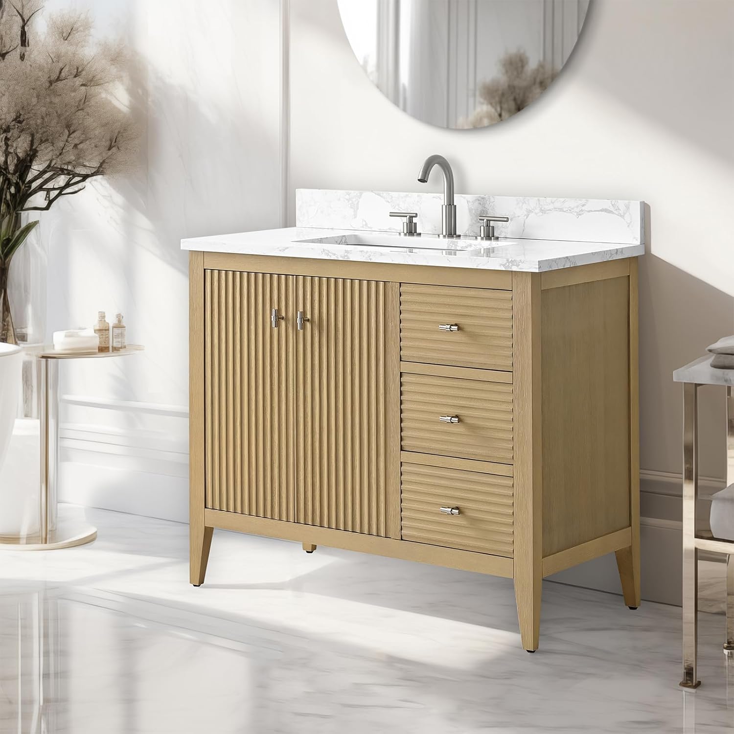 Vanity Art 36 inch Bathroom Vanity with Single Sink & Ceramic Top, Vanity Cabinet with Soft-Closing Door, Solid Wood Frame, Linear Pattern, Natural Oak, Golden Brushed Handware VA9136-NO-GB