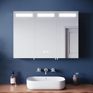 ELEGANT Large Led Bathroom Mirror Cabinet with Bluetooth and Shaver Socket Bathroom Storage Cabinet with 3 Mirrored Doors Illuminated Wall Cabinets Dimmer, Touch Swith 900 x 650mm