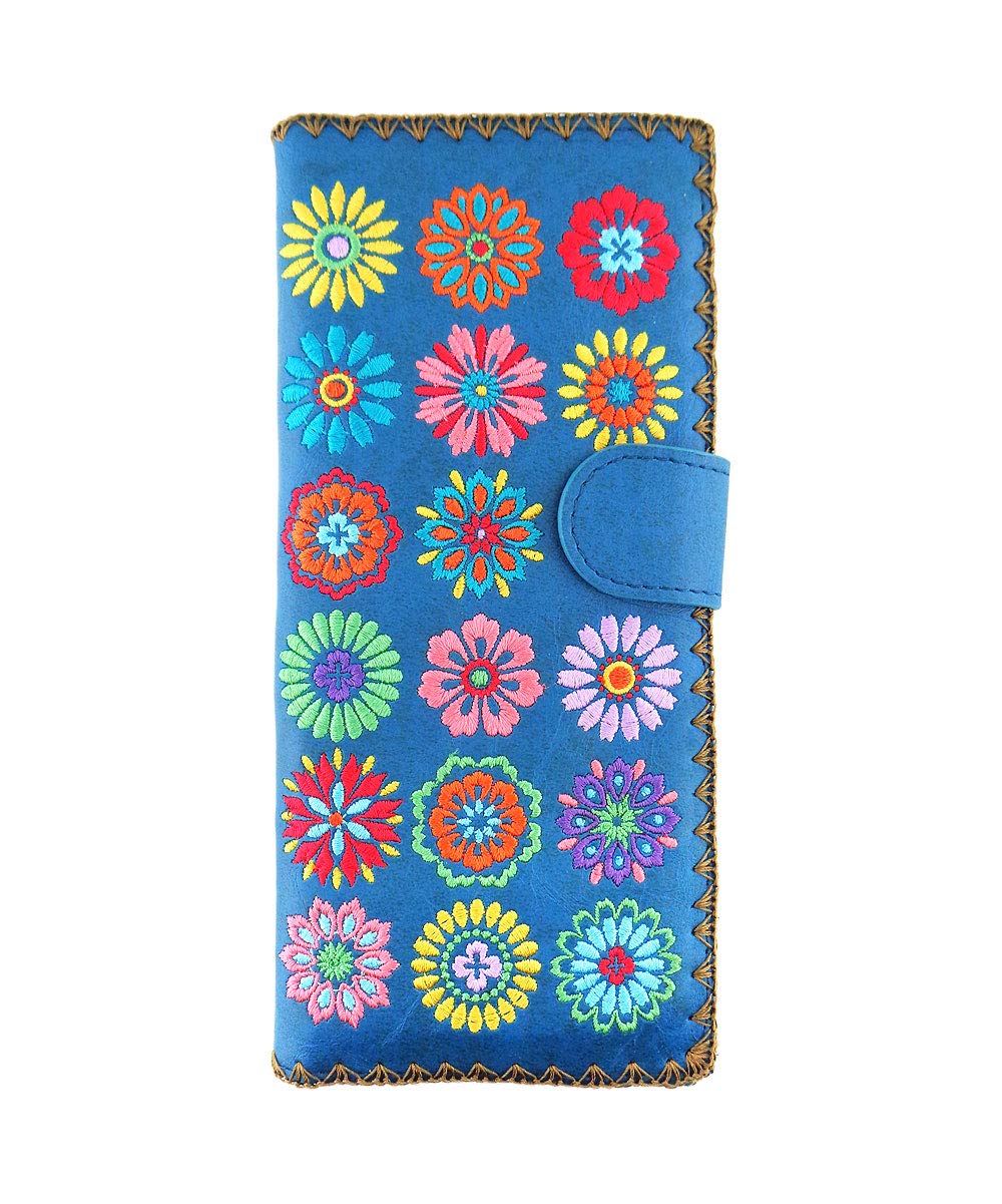 lavishyEmbroidered Bohemian Flora Vegan/Faux Leather Large Flat Wallet (Blue)