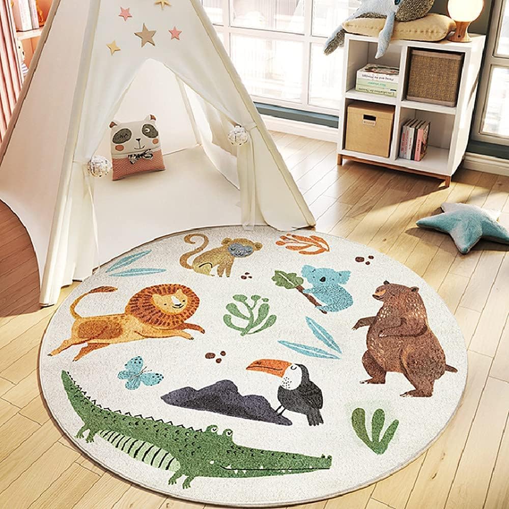 LIULA Round Rug,Cute Animals Large Non Slip Super Soft Plush Area Rug for Kids Room Playroom Nursery Bedroom, Educational Washable Circular Floor Mat for Home Room Decorative(39.4",Forest)