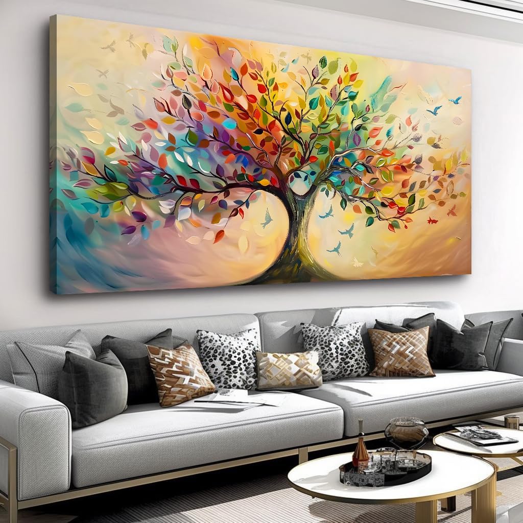 Vibrant Tree of Life Wall Art Colorful Framed Canvas Print for Living Room, Bedroom, Dining Room, or Home Office Modern Ready to Hang Decor,Nature Inspired Home Decoration - 20"x40"