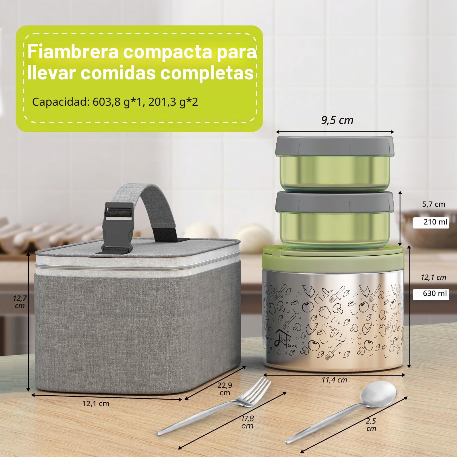Lille Home Lunch Box Set 1065ml, una caja bento/bocadillo aislada de vacío que mantiene la comida caliente, con 2 recipientes de alimentos sin BPA, bolsa de almuerzo, juego de cubiertos