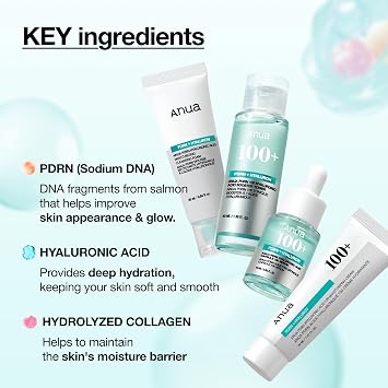 Anua Salmon DNA PDRN Glow Essential Starter Kit, Hyaluronic Acid Skincare Set, Glass Skin Routine with Firming & Hydrating Cleanser, Toner, Serum & Cream, Mini Travel Essentials, Korean Skincare Gift