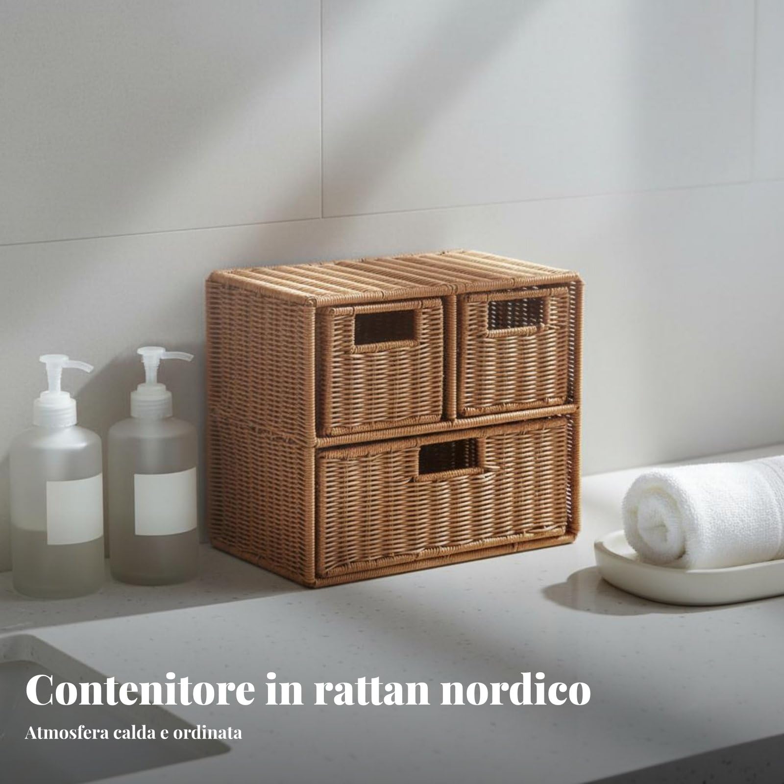 rockible Armadio Portasciugamani Organizer Desktop con Più Cassetti Pratici Ed Effetto Rattan per Riordino Cosmetici E Altri Articoli Adatto per Camera Scrivania Studio Ufficio Dormitorio