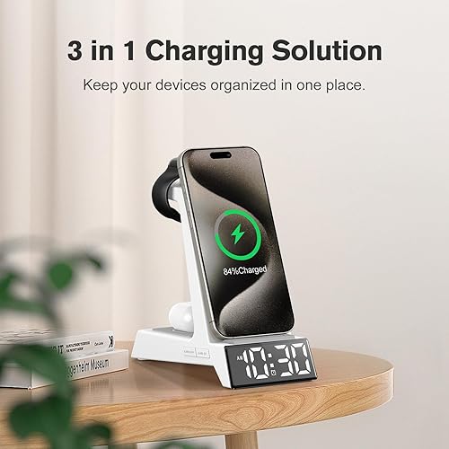 Miniatura 2 de ANJANK Reloj despertador 4 en 1 con carga inalámbrica, estación de carga inalámbrica para múltiples dispositivos Apple, base de carga para iPhone 17
