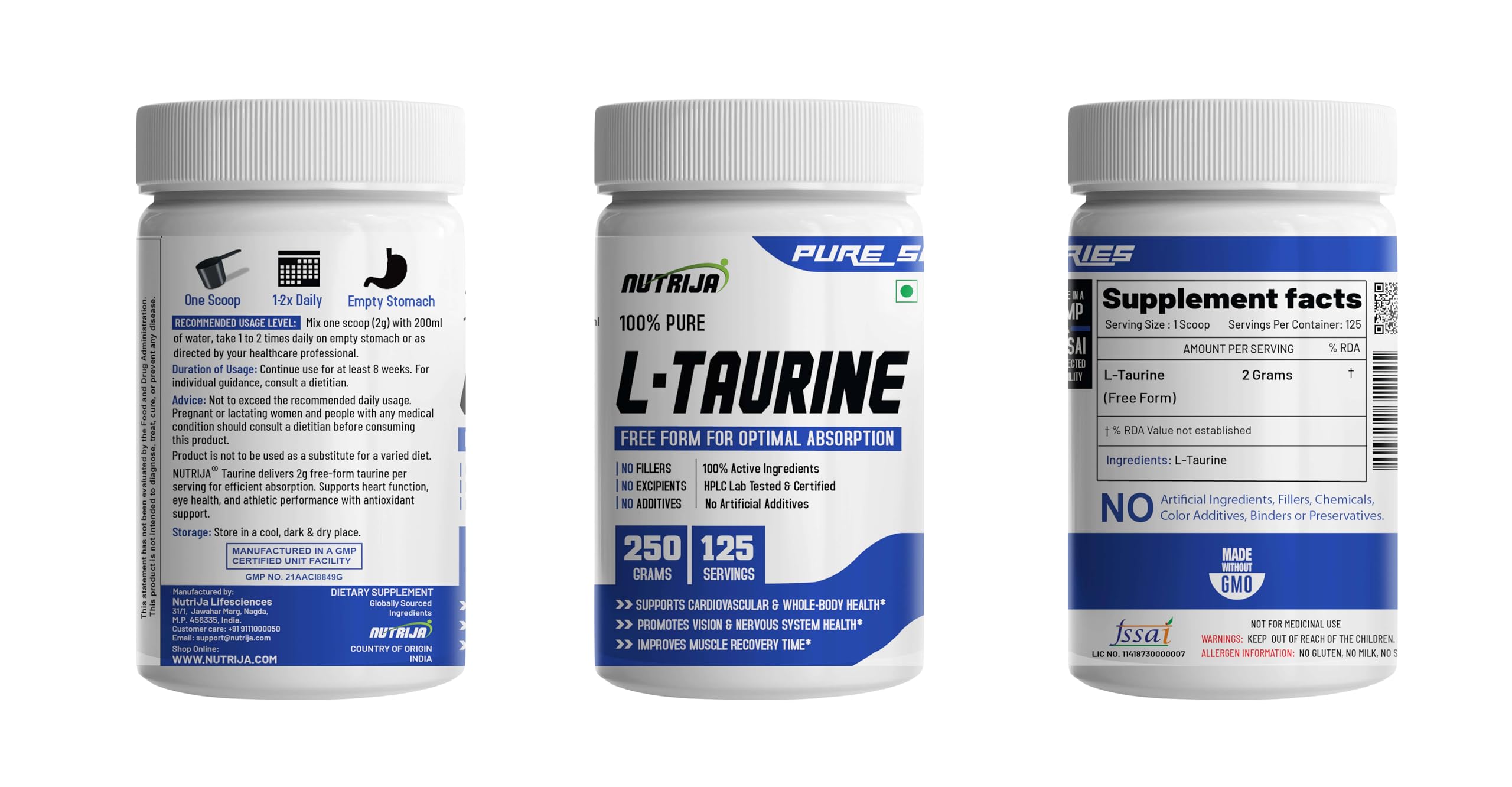 NutriJa Taurine Powder - 100% Pure Free Form Taurine - No Additives, No Fillers - Supports Heart, Nerve & Muscle Recovery 250 Grams Pack 2