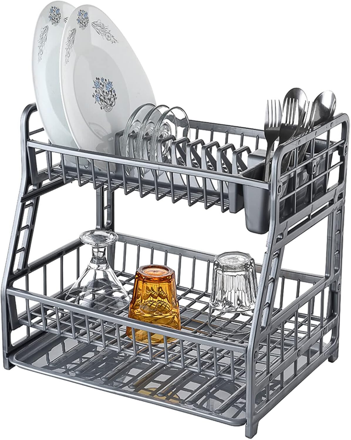 2-Tier Plastic Plated Dish Drainer Rack Glasses Crockery Cutlery ...