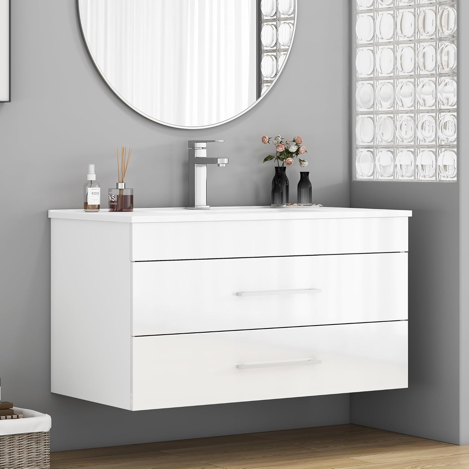 36" Wall Mounted Bathroom Vanity with Sink, High Gloss White Floating Cabinet, Modern Soft Close Drawers, Integrated Ceramic Top, Chrome Handles for Powder Room