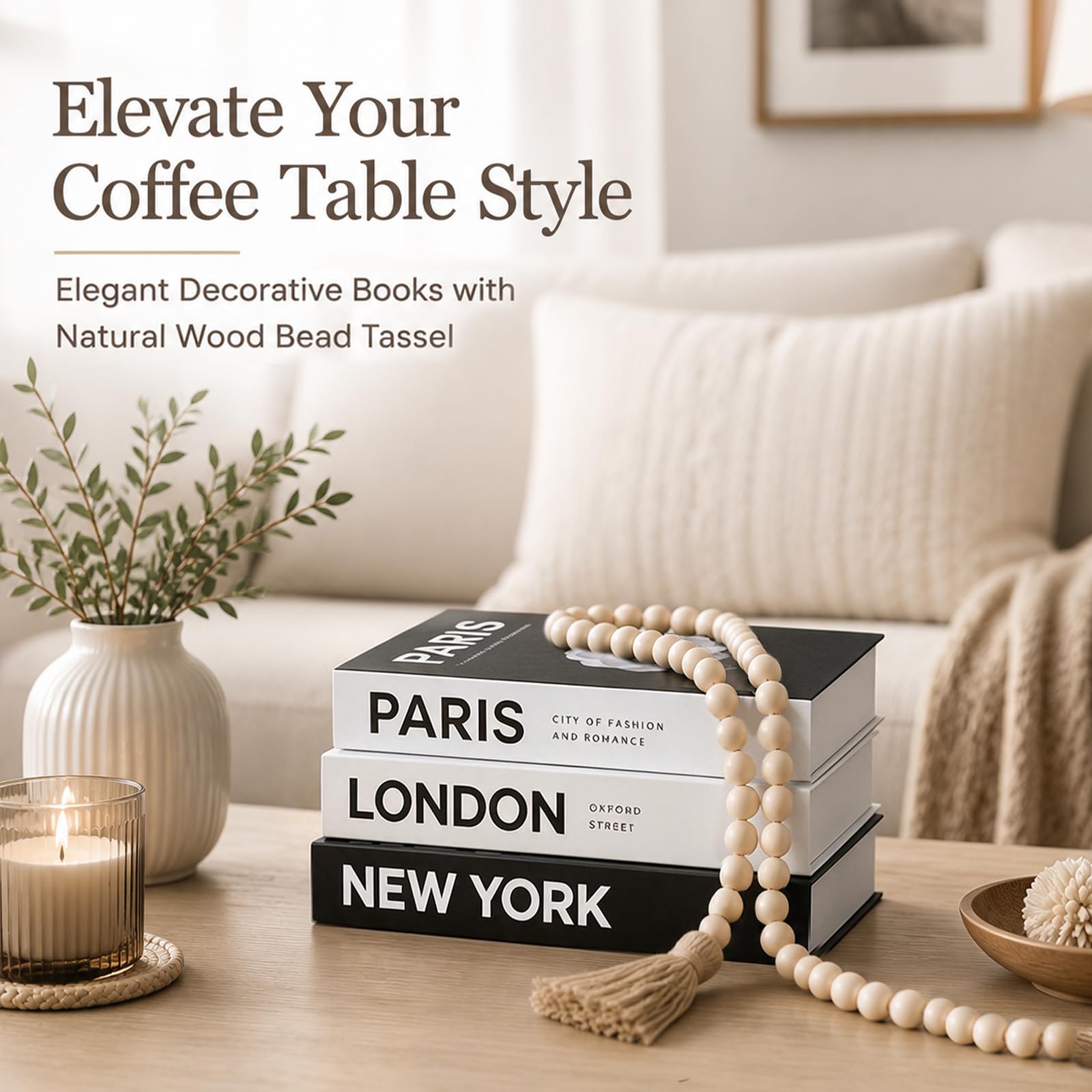 Libri decorativi per la casa, set di 3 libri finti in bianco e nero con nappe di perline di legno, decorazione estetica per la stanza, decorazione per tavolini, soggiorno, decorazione per scaffali,