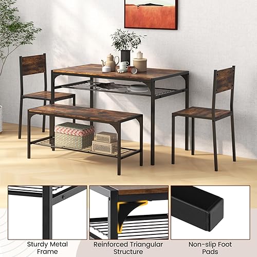 Miniatura 6 de COSTWAY Juego de mesa de comedor de 4 piezas, mesa de cocina y 2 sillas para 4 con banco, estantes de almacenamiento, marco de metal y diseño que